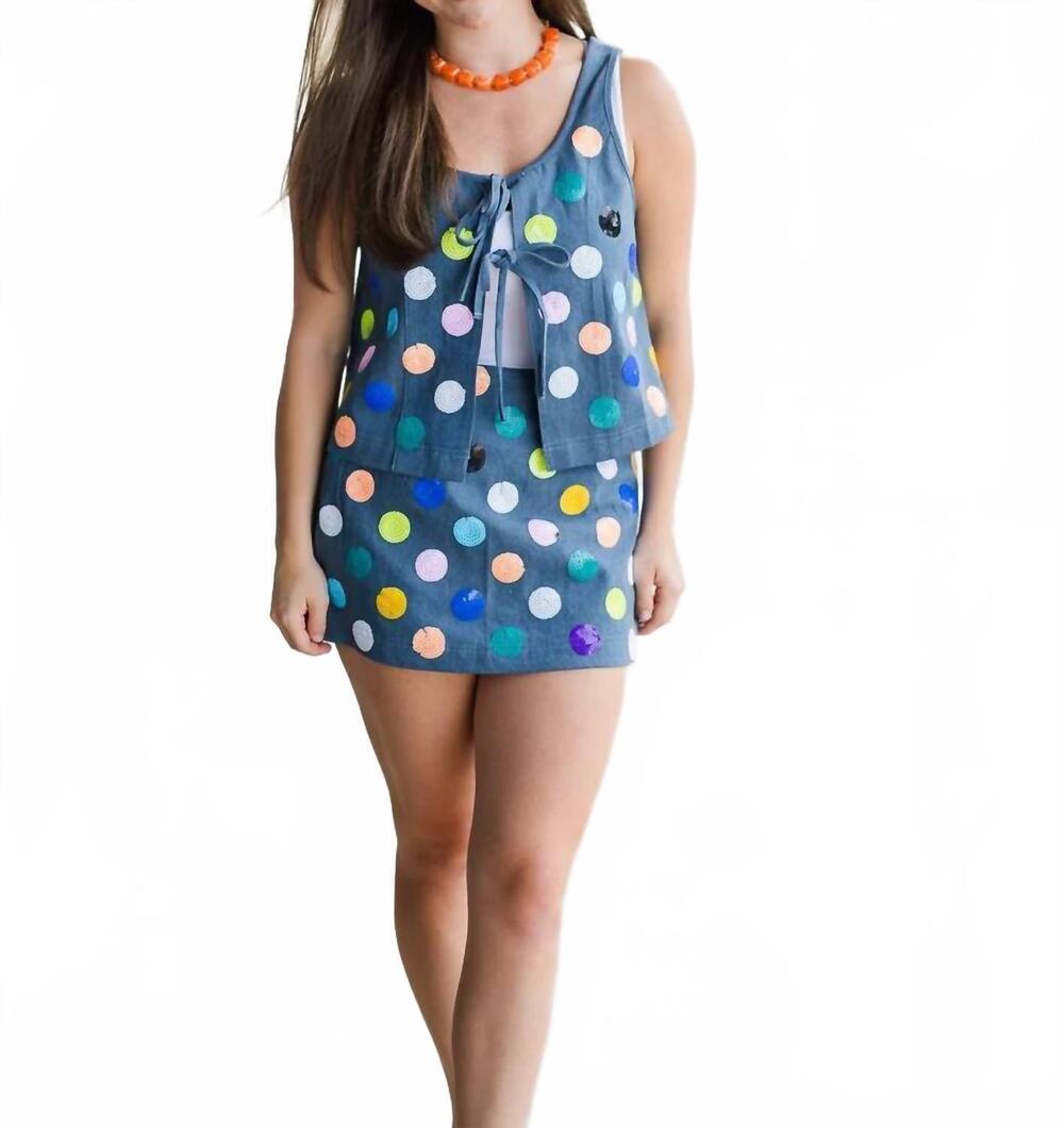 NEW QUEEN OF SPARKLES women's confetti denim dot skirt in blue